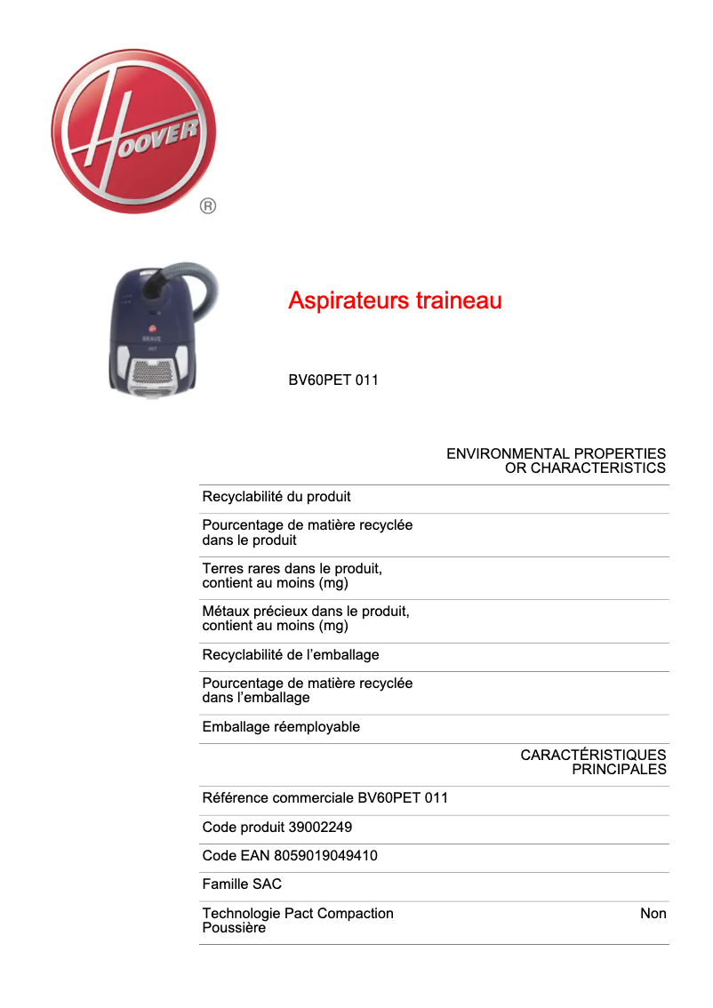 Page 1 de la notice Fiche technique Hoover Brave BV60PET 011