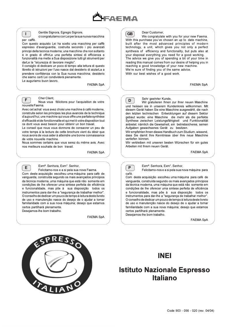 Page 1 de la notice Manuel utilisateur Faema E61 Legend