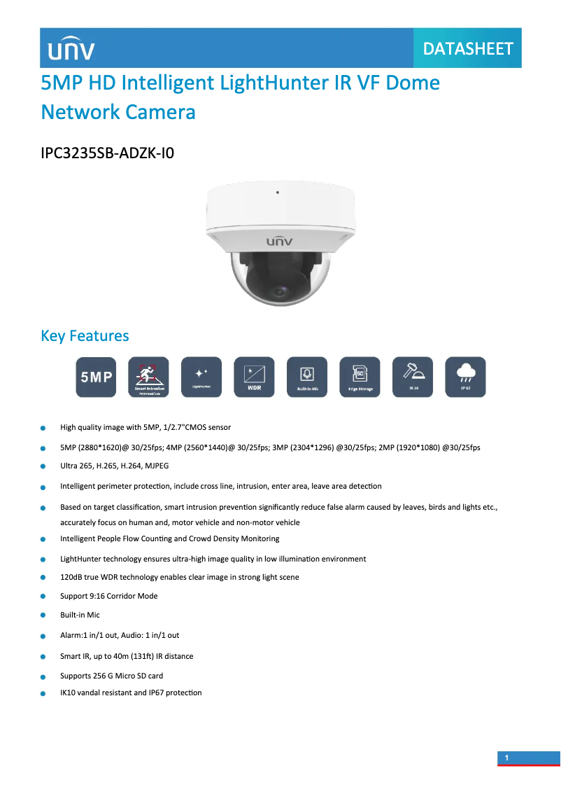 Page 1 de la notice Fiche technique UniView IPC3235SB-ADZK-I0