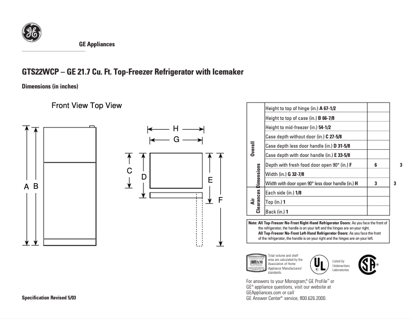 Page 1 de la notice Fiche technique GE GTS22WCPWW