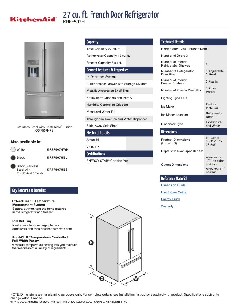 Page 1 de la notice Fiche technique KitchenAid KRFF507HPS