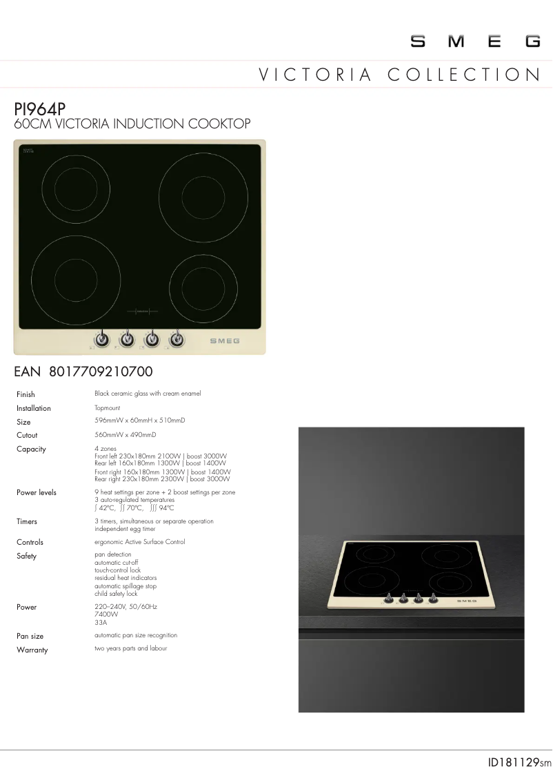 Page 1 de la notice Fiche technique Smeg PI964P