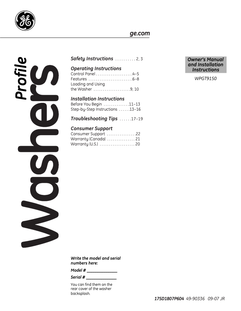 Página 1 del manual Manual de instrucciones GE WPGT9150HMG