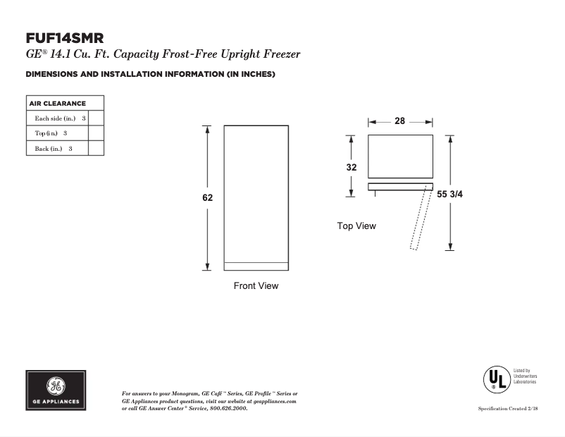 Página 1 del manual Ficha técnica GE FUF14SMRWW