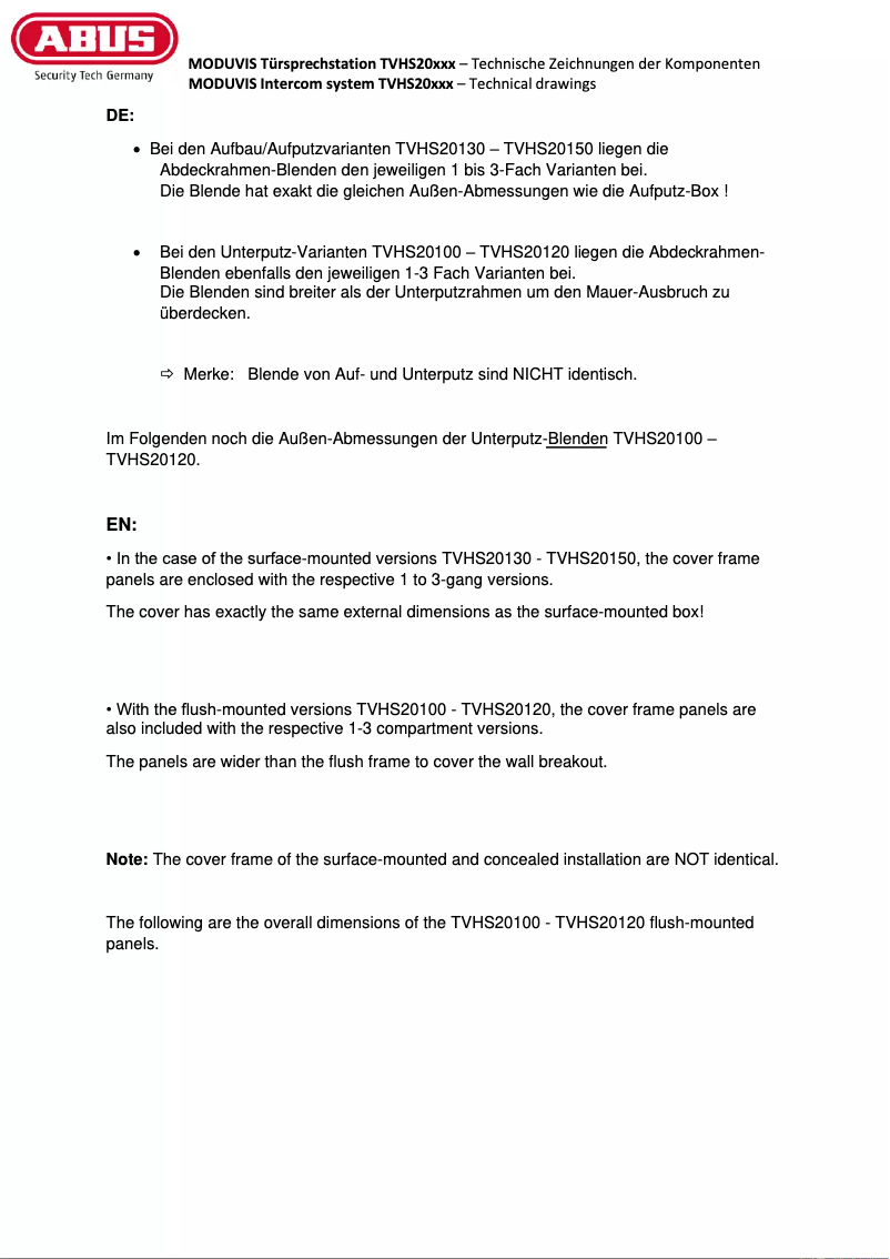 Page 1 de la notice Dessin technique Abus TVHS20120