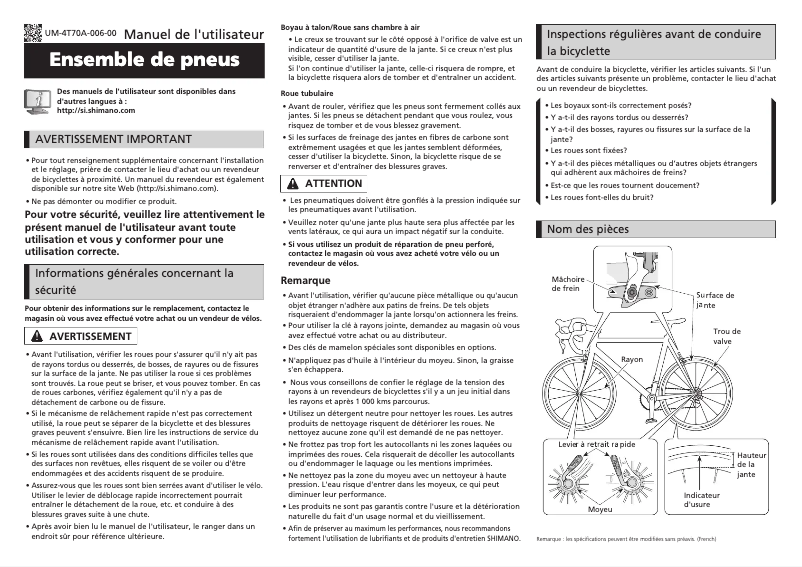 Page 1 de la notice Manuel utilisateur Shimano ULTEGRA R8000 WH-RS700-C30-TL-R