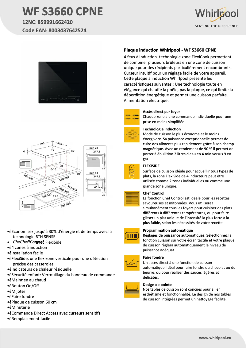 Page 1 de la notice Fiche technique Whirlpool WF S3660 CPNE
