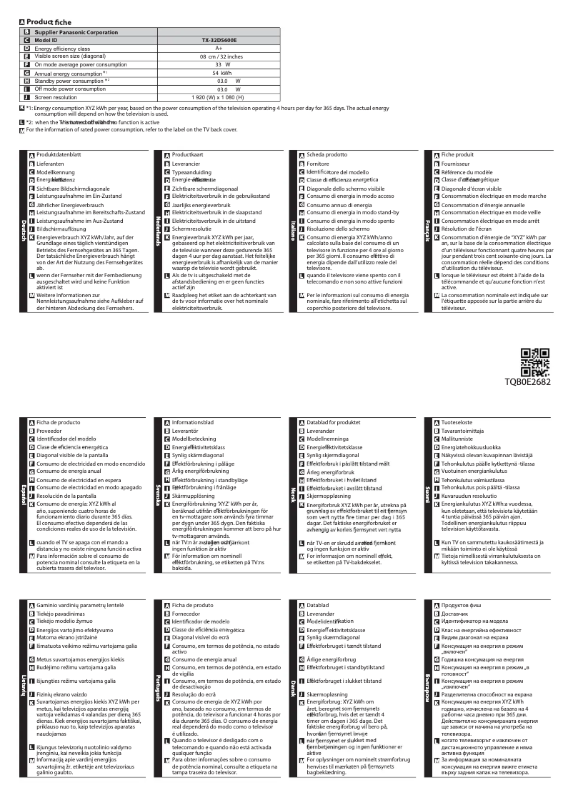 Page 1 de la notice Fiche technique Panasonic Viera TX-32DS600E
