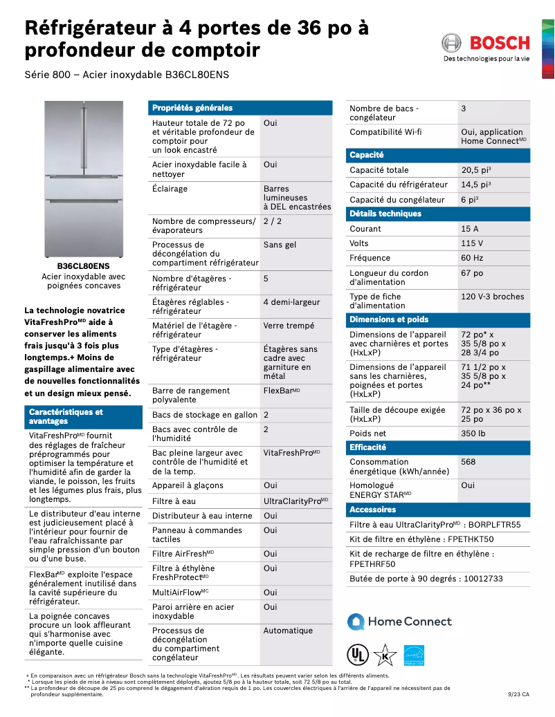 Page 1 de la notice Fiche technique Bosch B36CL80ENS