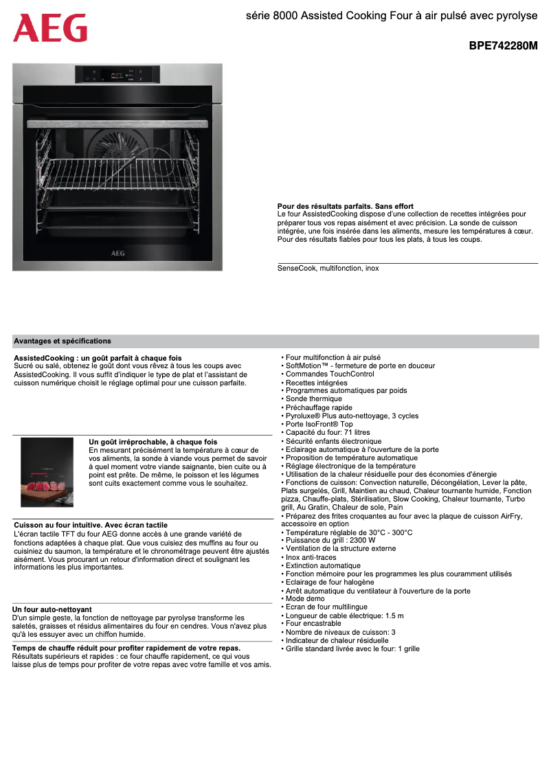 Page 1 de la notice Fiche technique AEG BPE742280M
