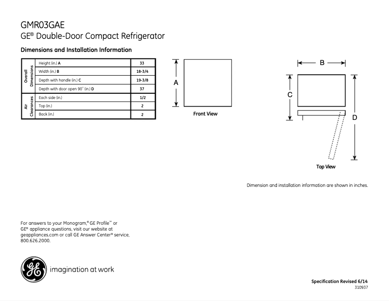 Page n°1 - Fiche technique GE GMR03GAEWW