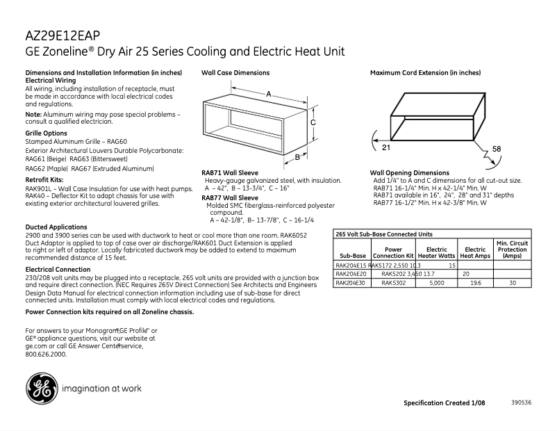 Página 1 del manual Ficha técnica GE AZ29E12EAP