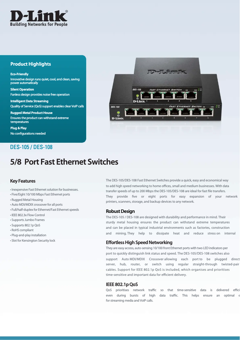 Page 1 de la notice Fiche technique D-Link DES-105