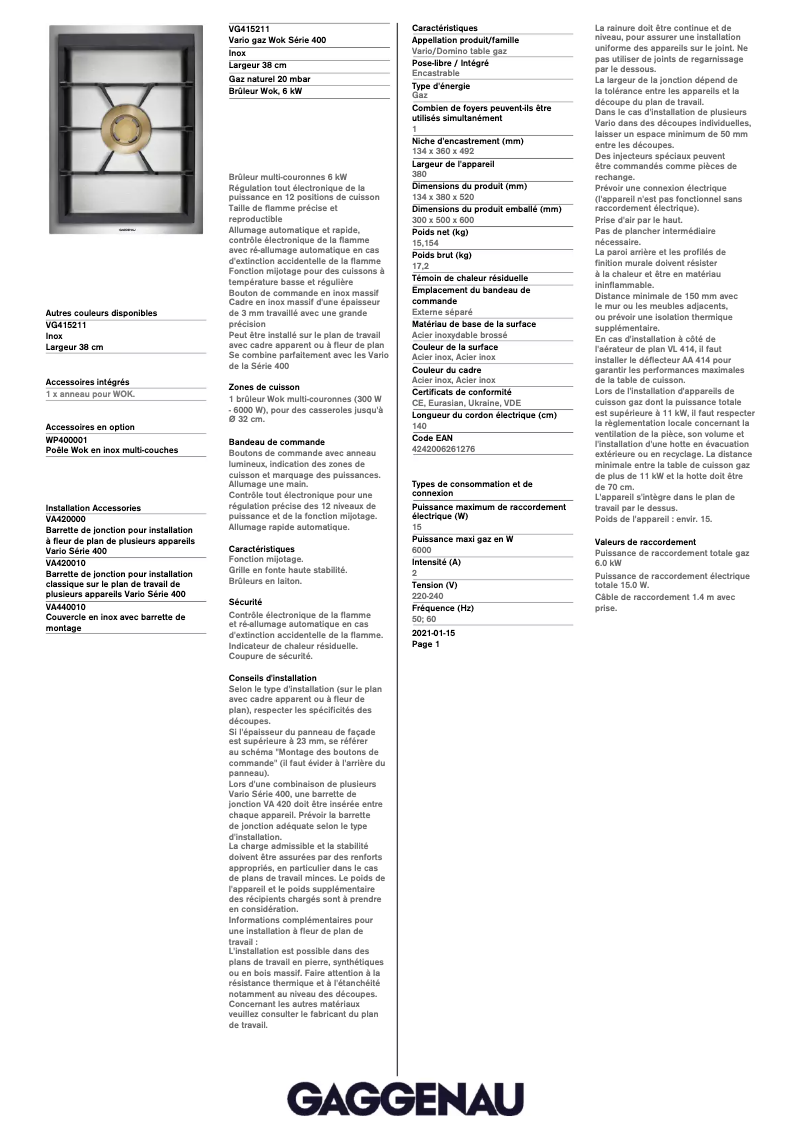 Page 1 de la notice Fiche technique Gaggenau VG415211