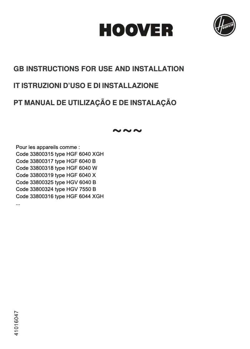 Page 1 de la notice Manuel utilisateur Hoover HGF 6040 W