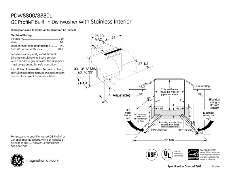 Page 1 de la notice Fiche technique GE Profile PDW8880LSS