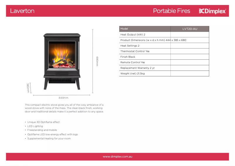 Page 1 de la notice Fiche technique Dimplex Laverton LVT20
