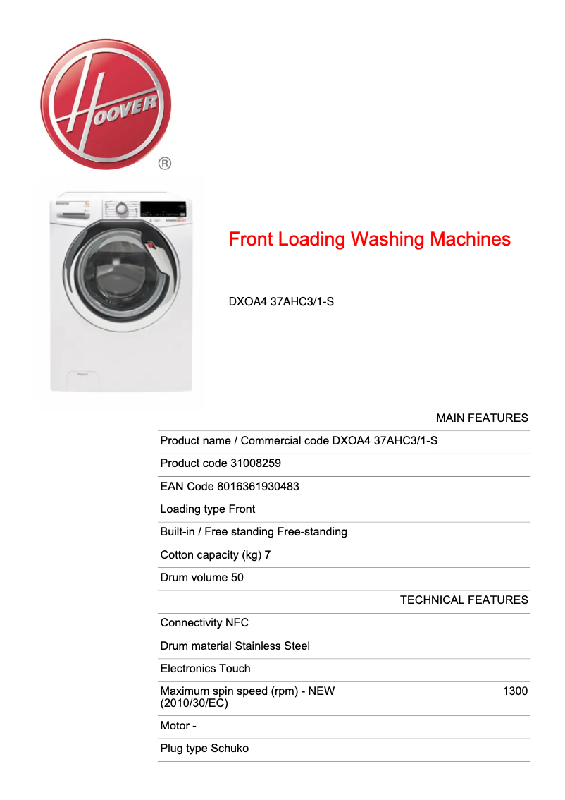 Página 1 del manual Ficha técnica Hoover Dynamic Next DXOA4 37AHC3/1-S