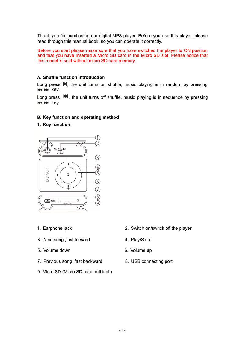 Page 1 de la notice Manuel utilisateur Denver MPS-110NF