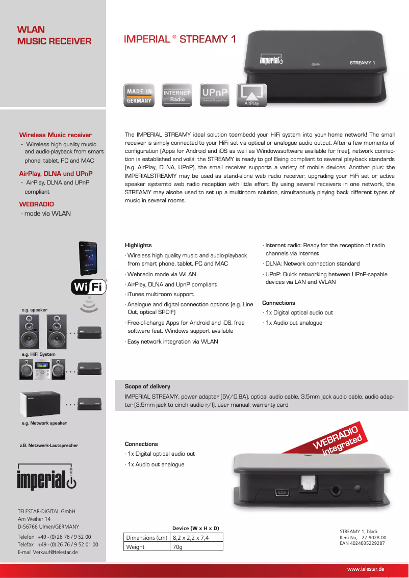 Page 1 de la notice Fiche technique Imperial Streamy 1