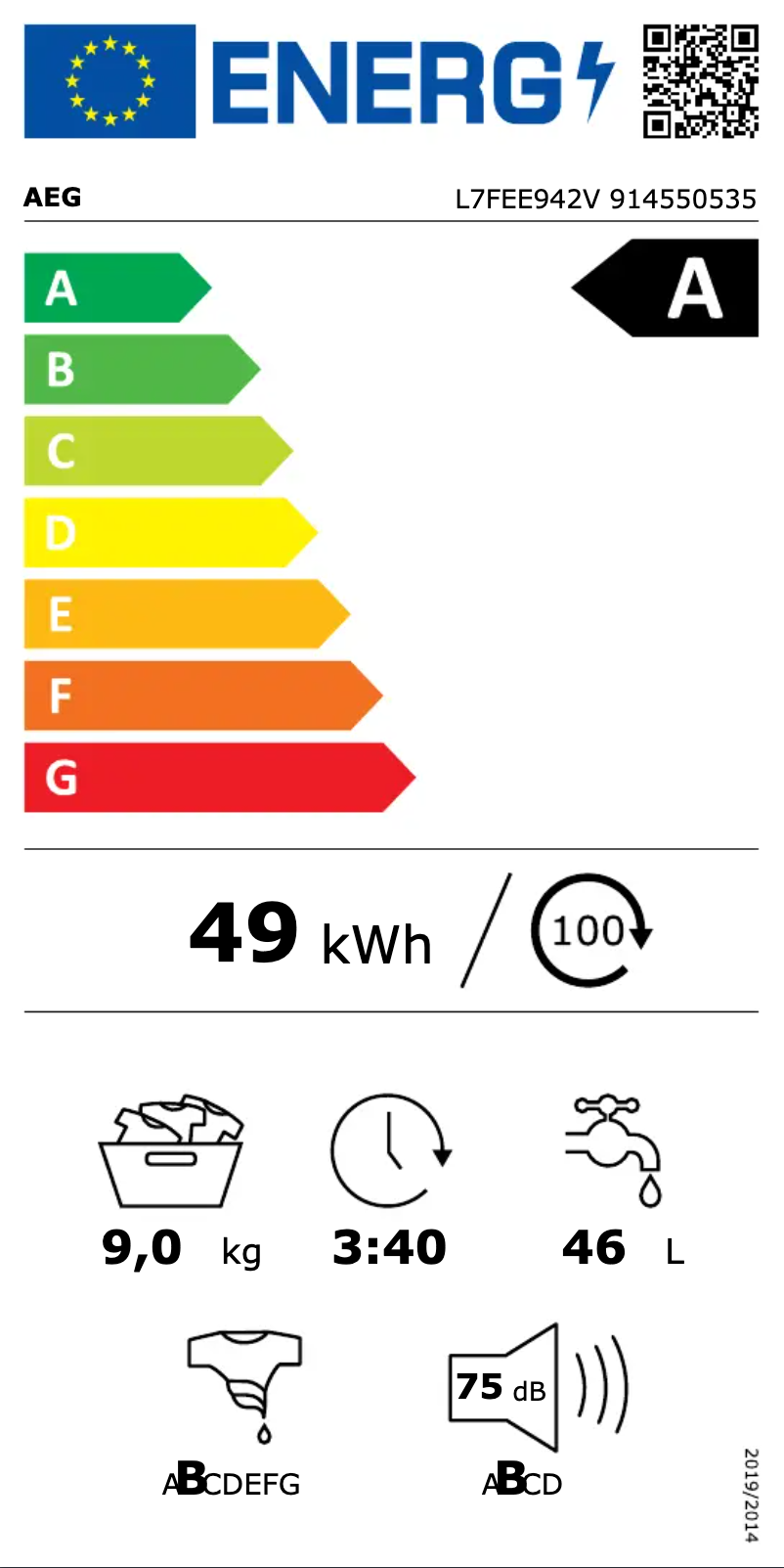 Page 1 de la notice Label énergétique AEG L7FEE942V