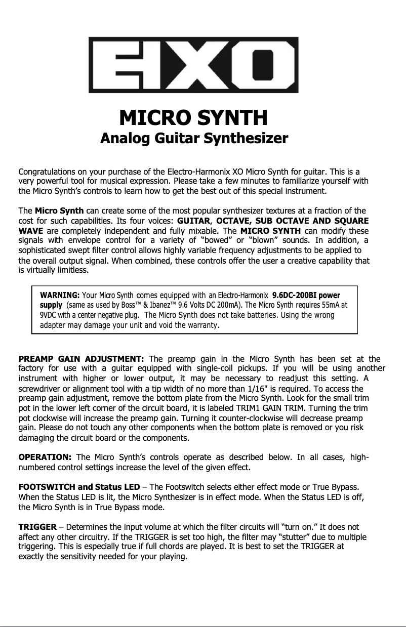 Page 1 de la notice Manuel utilisateur Electro Harmonix Micro Synth