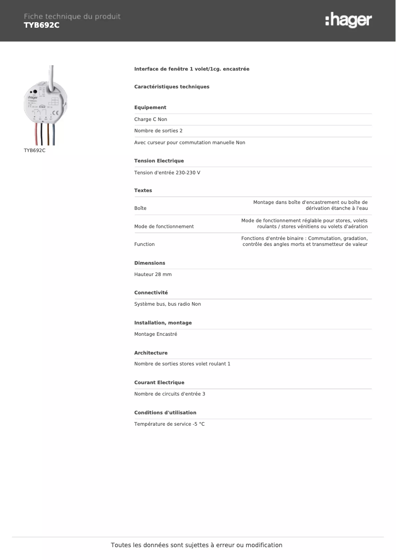 Page 1 de la notice Fiche technique Hager TYB692C