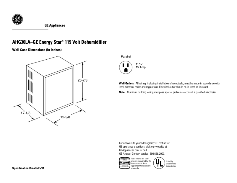 Page n°1 - Fiche technique GE AHG30LA