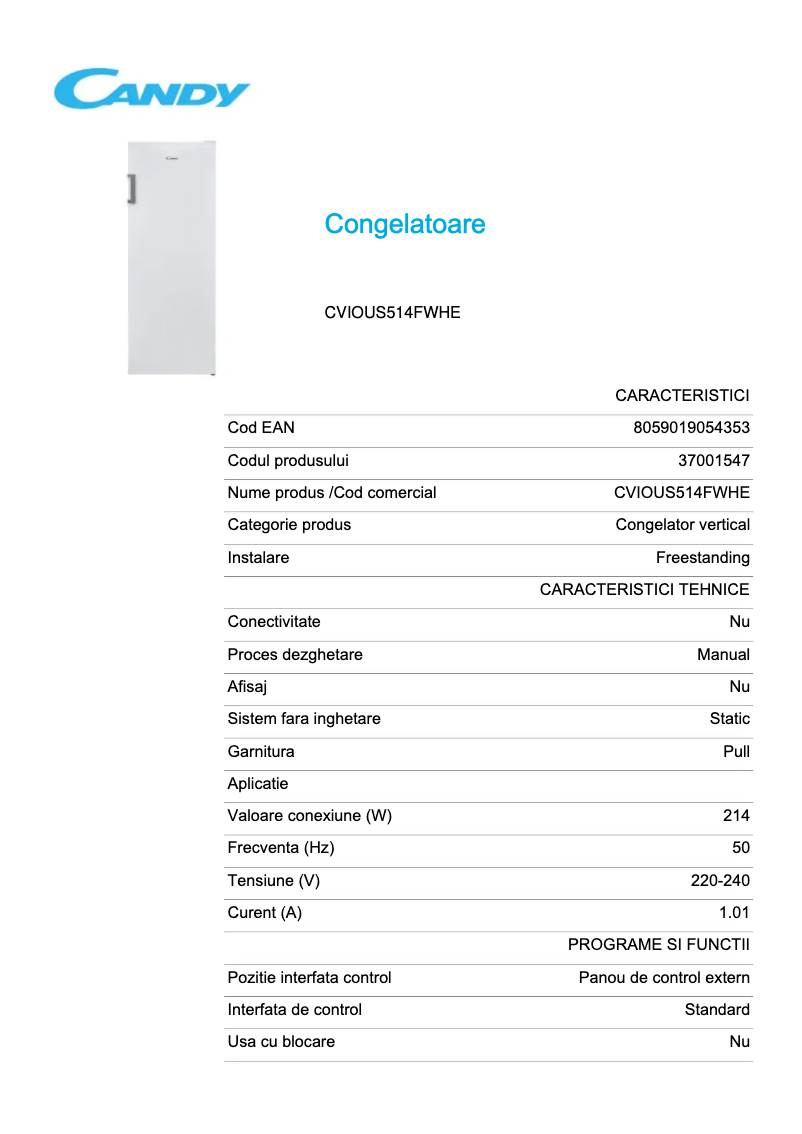 Page 1 de la notice Fiche technique Candy CVIOUS514FWHE