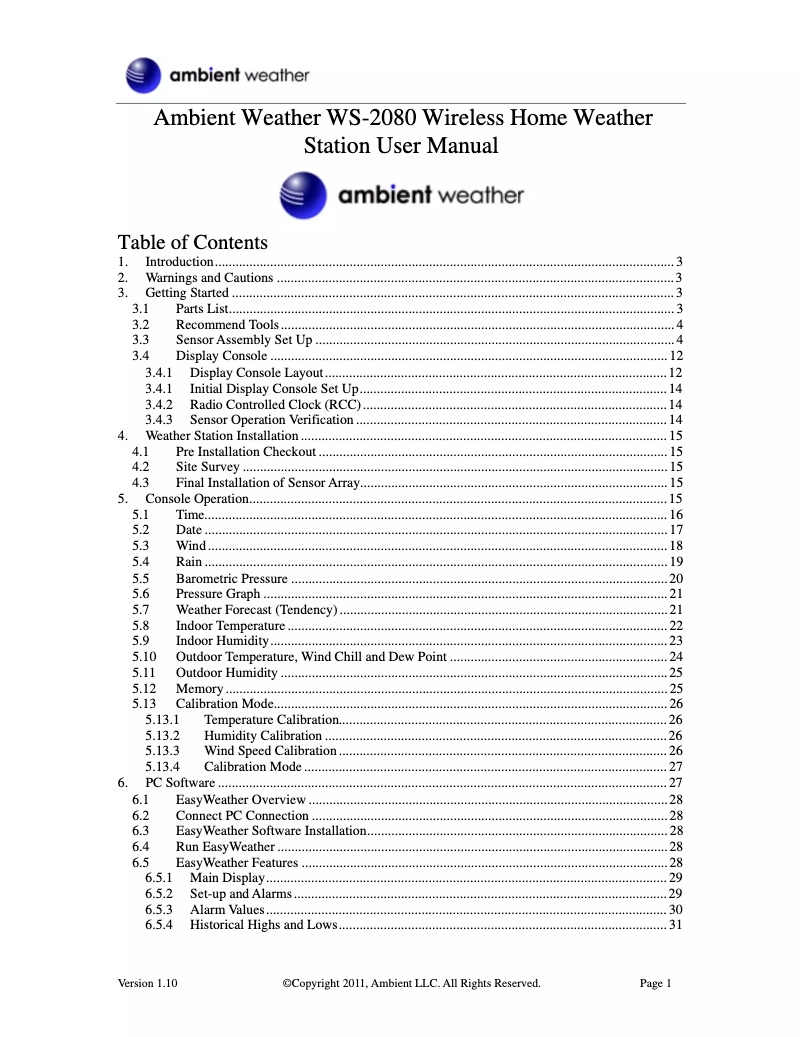 Page 1 de la notice Manuel utilisateur Ambient Weather WS-2080