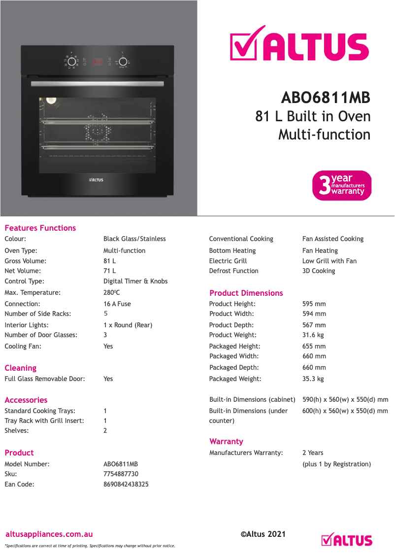 Página 1 del manual Ficha técnica Altus ABO6811MB