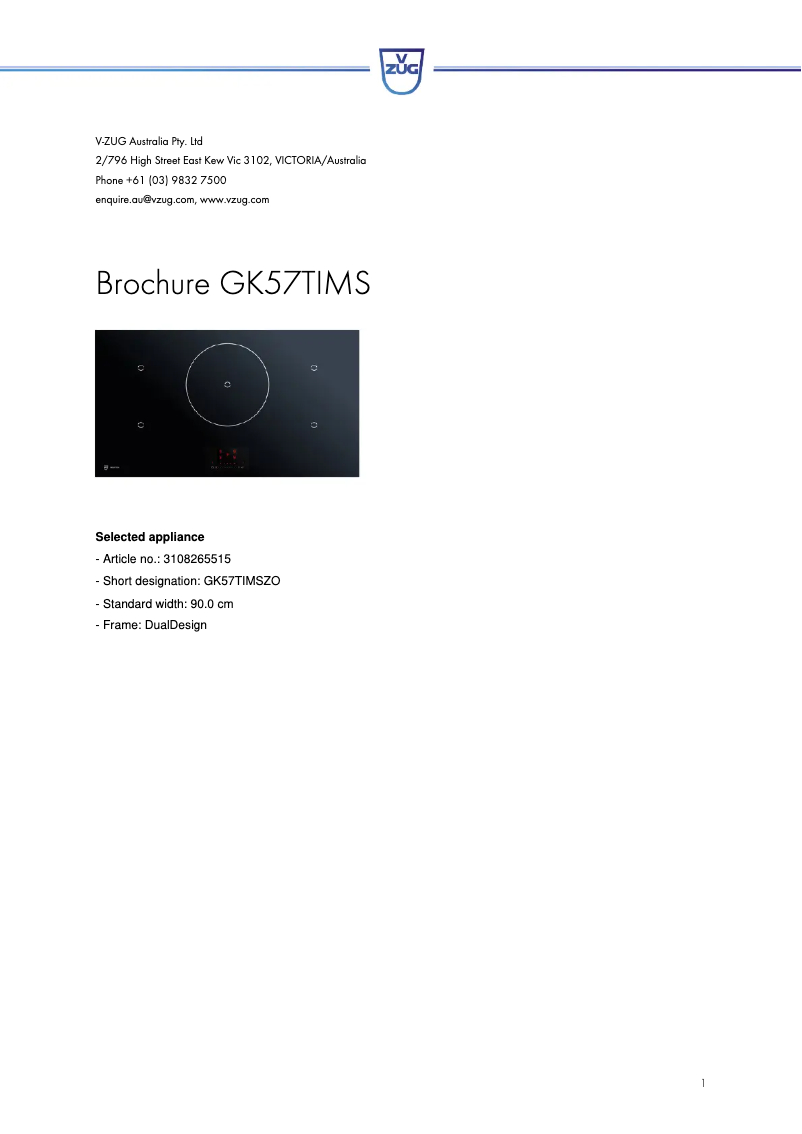 Page 1 of the manual Technical Sheet V-Zug GK57TIMSZO