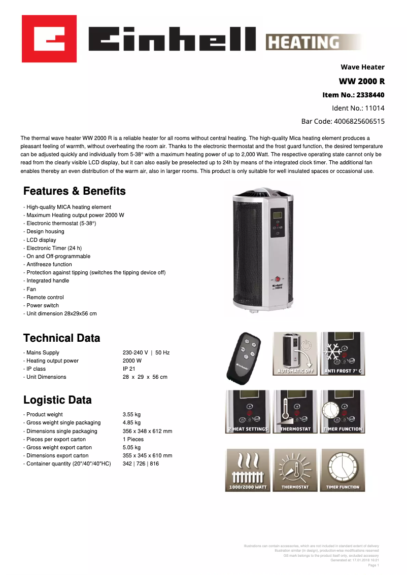 Page 1 de la notice Fiche technique Einhell WW 2000 R