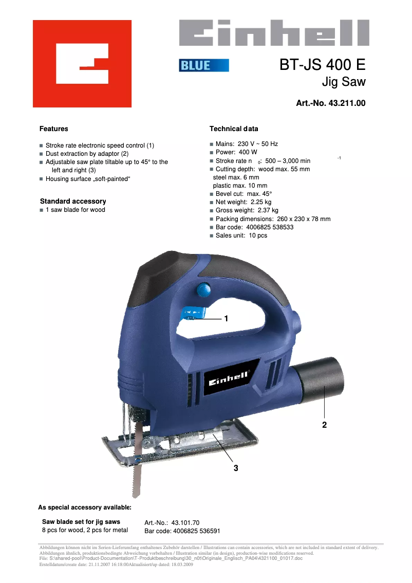 Page 1 de la notice Fiche technique Einhell BT-JS 400E