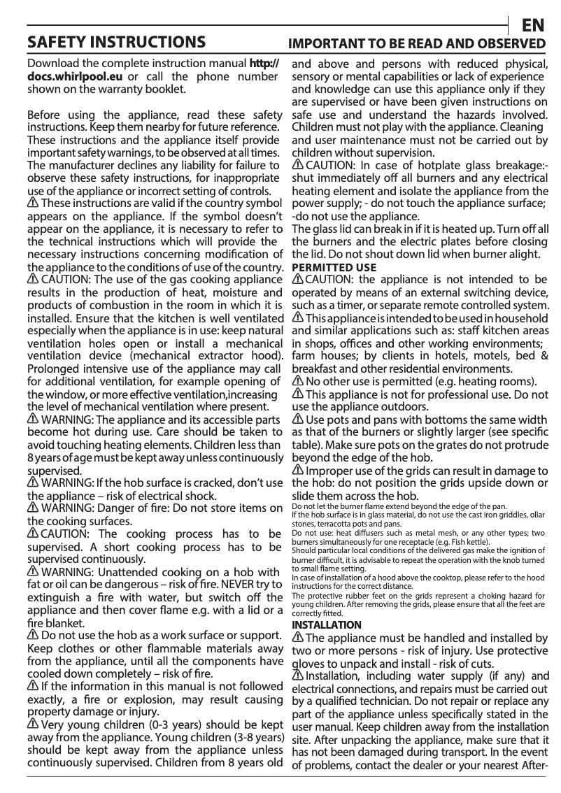 Page 1 de la notice Instructions / montage Whirlpool GOWL 928/NB