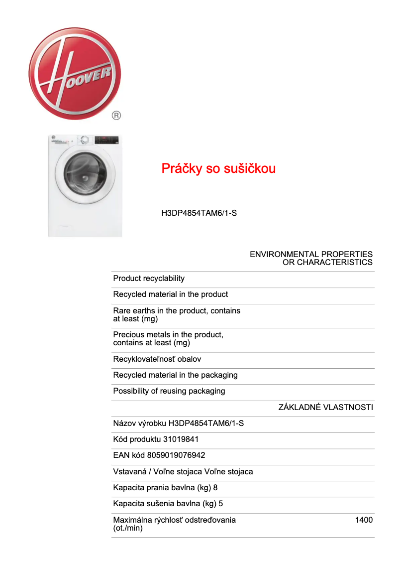 Página 1 del manual Ficha técnica Hoover H3DP4854TAM6/1-S