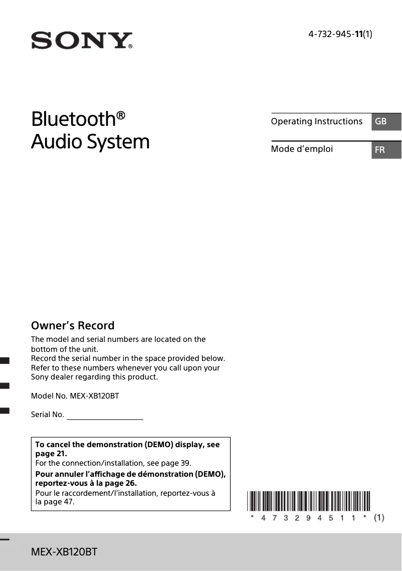 Page 1 de la notice Manuel utilisateur Sony MEX-XB120BT