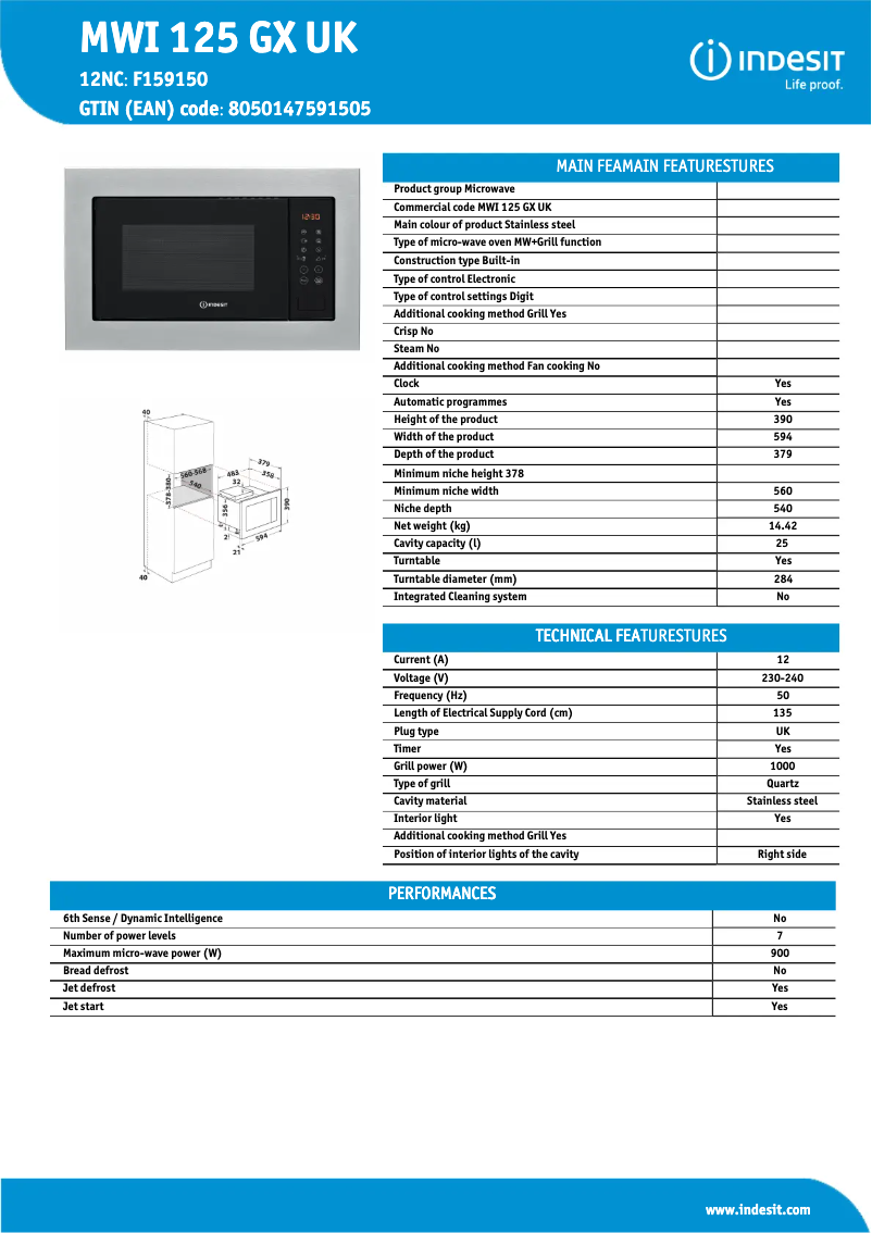 Page n°1 - Fiche technique Indesit MWI 125 GX UK