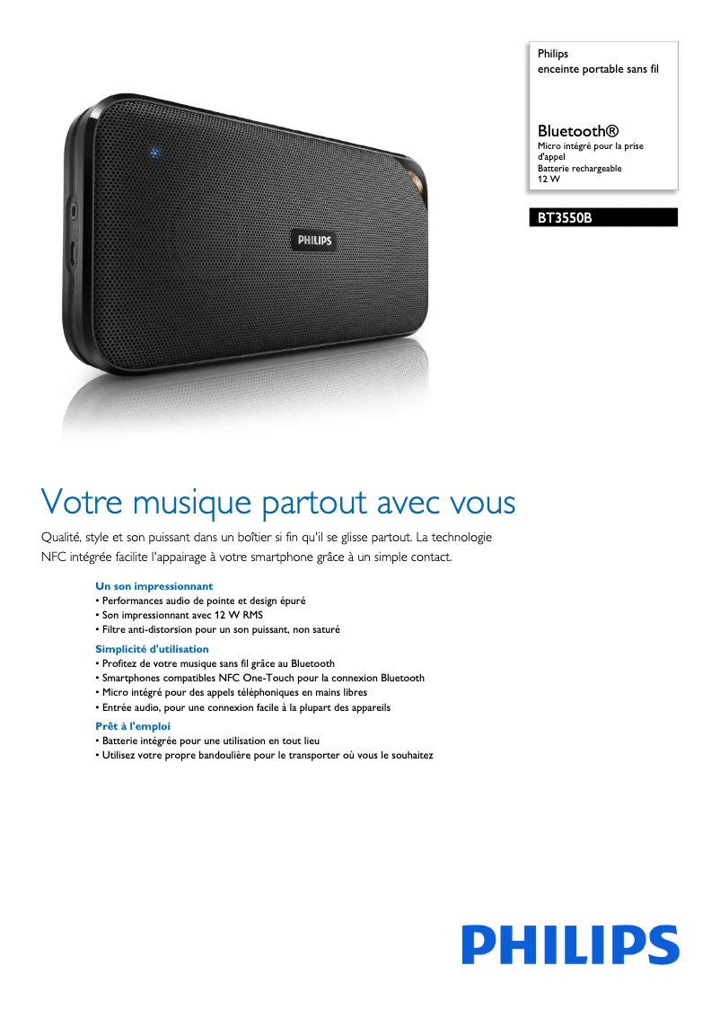 Page 1 de la notice Fiche technique Philips BT3550B
