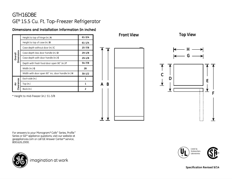 Page 1 de la notice Fiche technique GE GTH16DBELWW