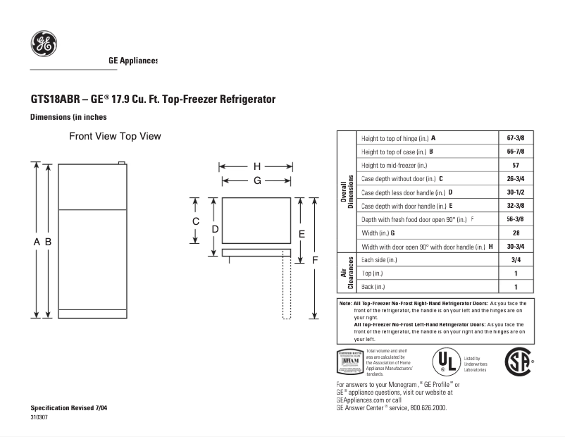 Page 1 de la notice Fiche technique GE GTS18ABRLWW