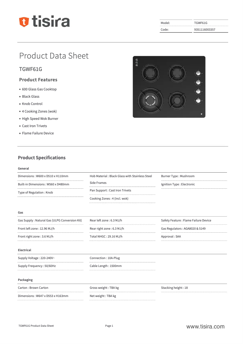 Page 1 de la notice Fiche technique Tisira TGWF61G