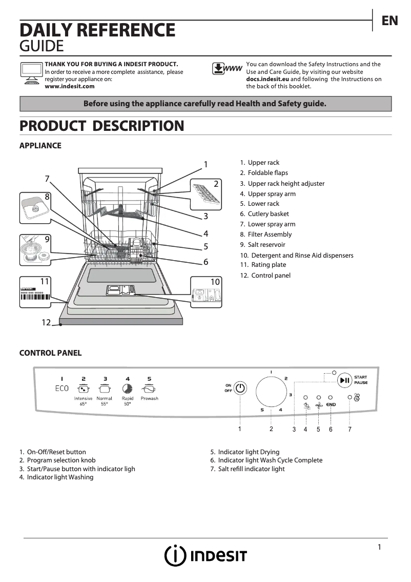 Page 1 de la notice Manuel utilisateur Indesit DFG 15B1.1 UK