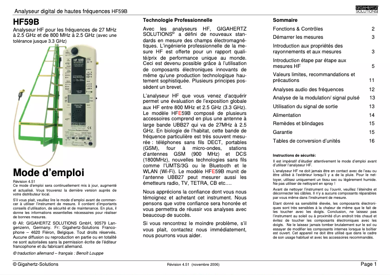 Page 1 de la notice Manuel utilisateur Gigahertz Solutions HF 59B