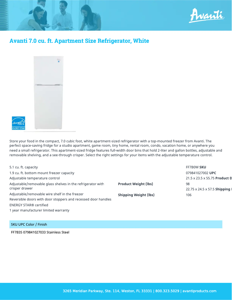 Page 1 de la notice Fiche technique Avanti FF7B0W