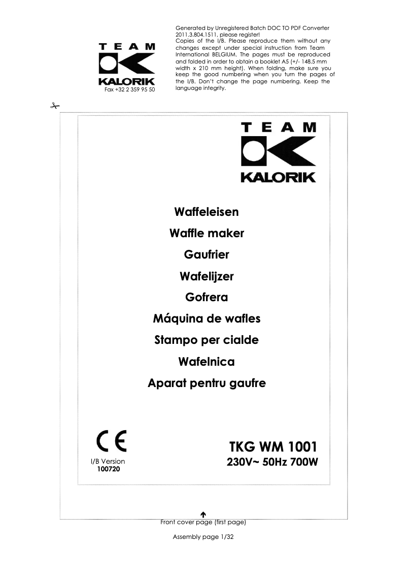 Page 1 de la notice Manuel utilisateur Kalorik TKG WM 1001