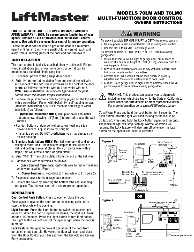 Page 1 de la notice Manuel utilisateur LiftMaster 78LMC