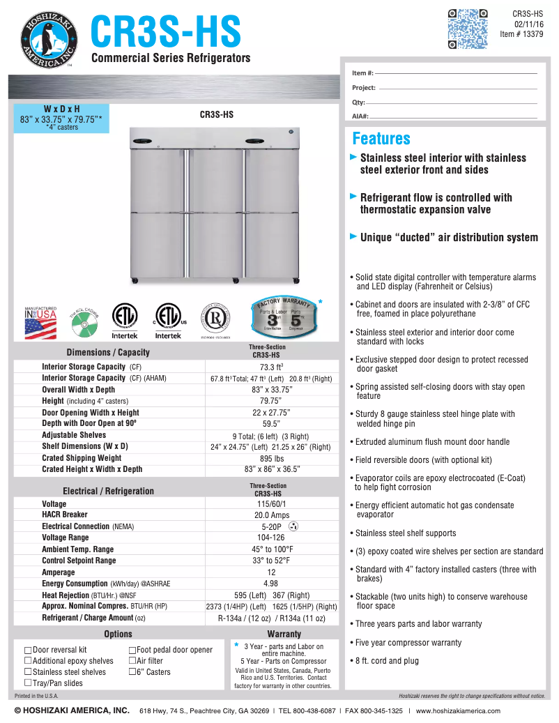 Page 1 de la notice Manuel utilisateur Hoshizaki CR3S-FGY