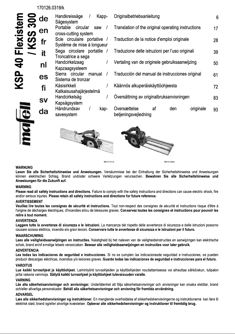 Page 1 de la notice Manuel utilisateur Mafell KSP 40 Flexistem