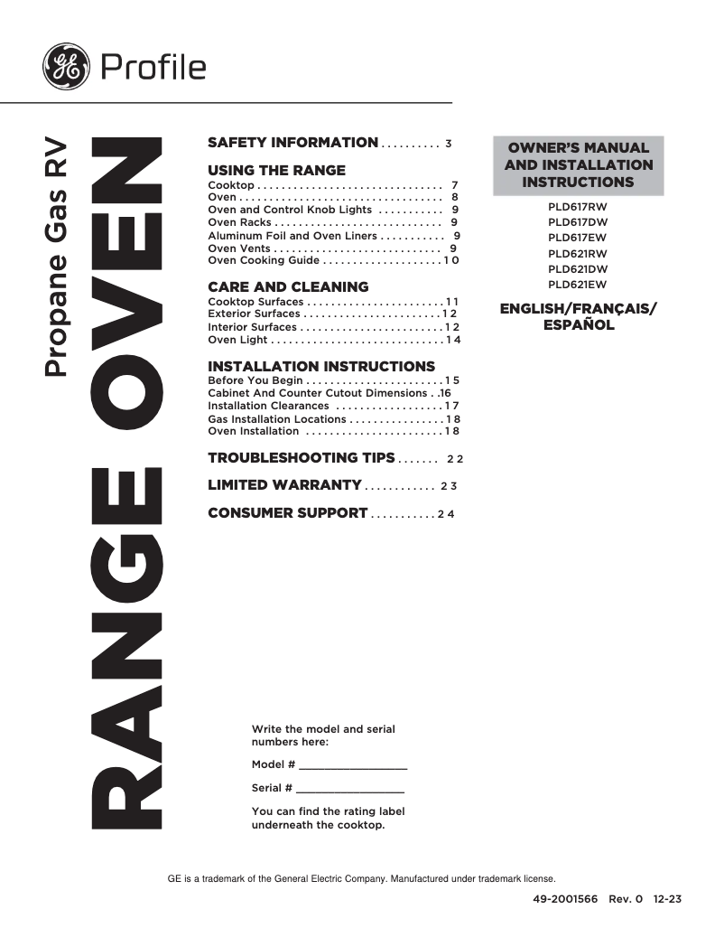 Page 1 de la notice Manuel d'utilisation et d'entretien GE Profile PLD621RWSS